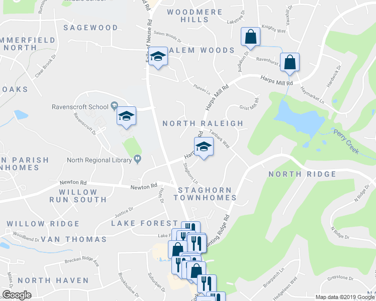 map of restaurants, bars, coffee shops, grocery stores, and more near 7115 Harps Mill Road in Raleigh