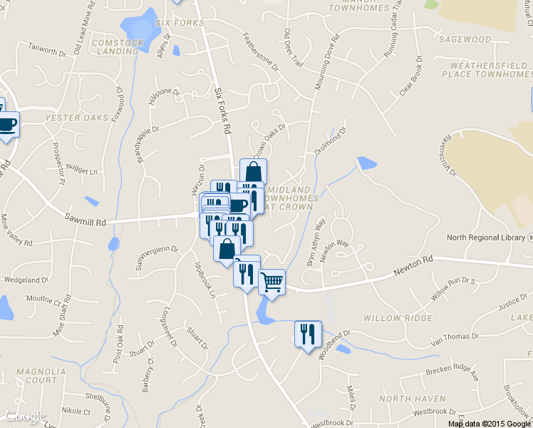 map of restaurants, bars, coffee shops, grocery stores, and more near 7400 Six Forks Road in Raleigh
