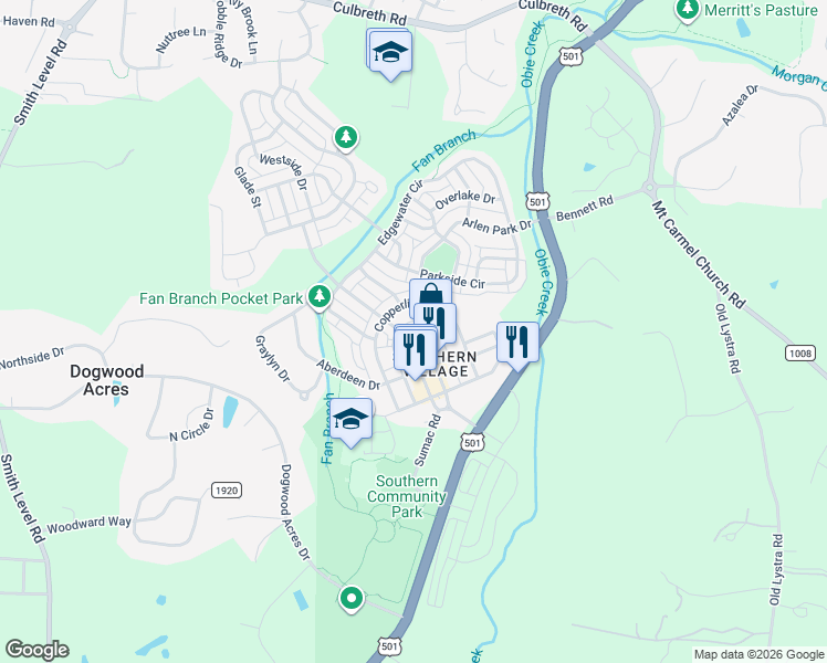 map of restaurants, bars, coffee shops, grocery stores, and more near 610 Market Street in Chapel Hill