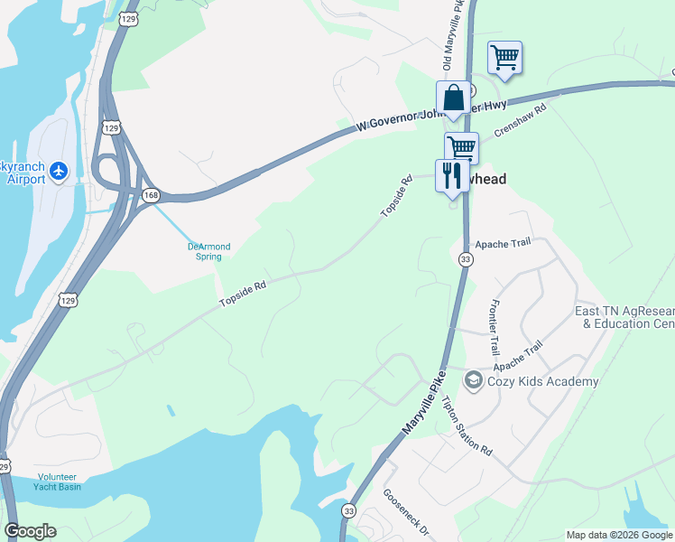map of restaurants, bars, coffee shops, grocery stores, and more near 3342 Topside Road in Knoxville