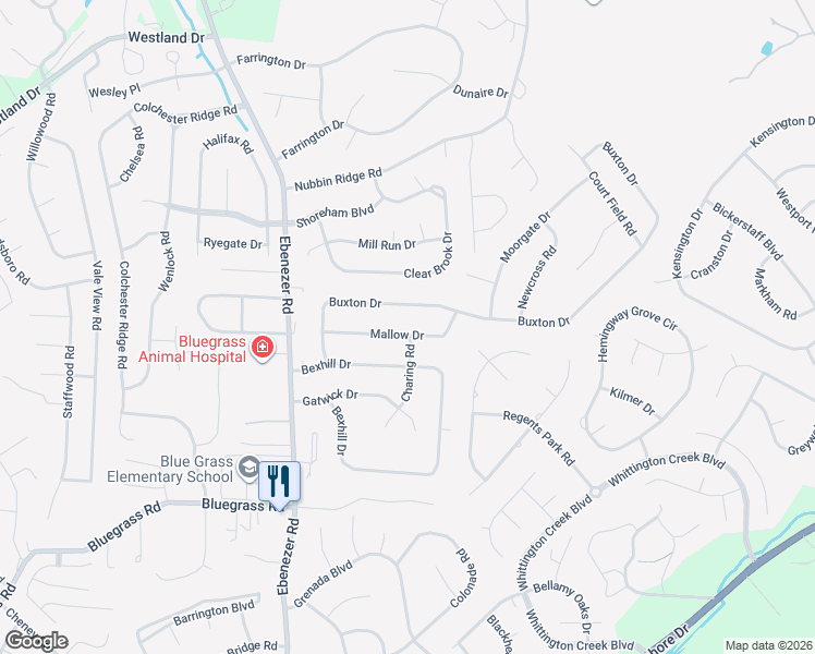 map of restaurants, bars, coffee shops, grocery stores, and more near 1308 Charing Road in Knoxville