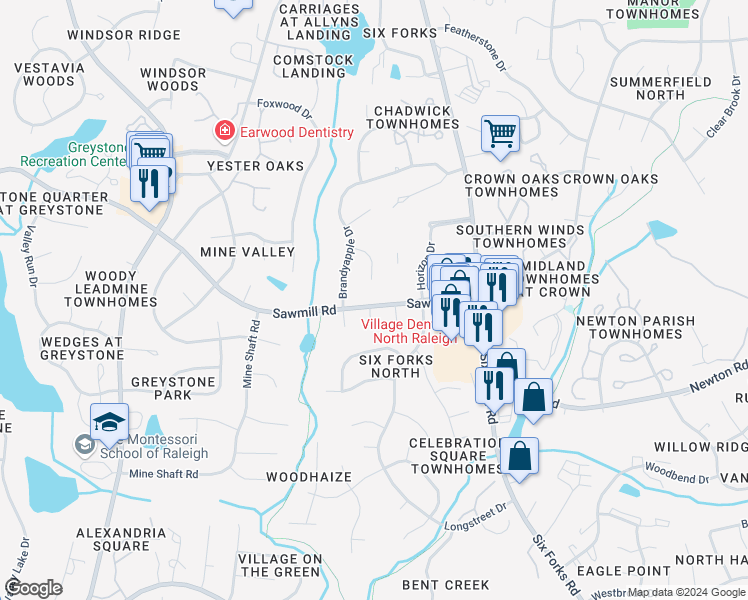 map of restaurants, bars, coffee shops, grocery stores, and more near 224 Sawmill Road in Raleigh