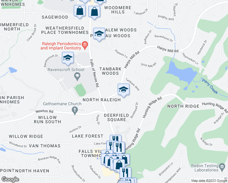 map of restaurants, bars, coffee shops, grocery stores, and more near 7117 Harps Mill Road in Raleigh