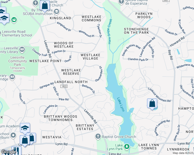 map of restaurants, bars, coffee shops, grocery stores, and more near 7509 Glenharden Drive in Raleigh