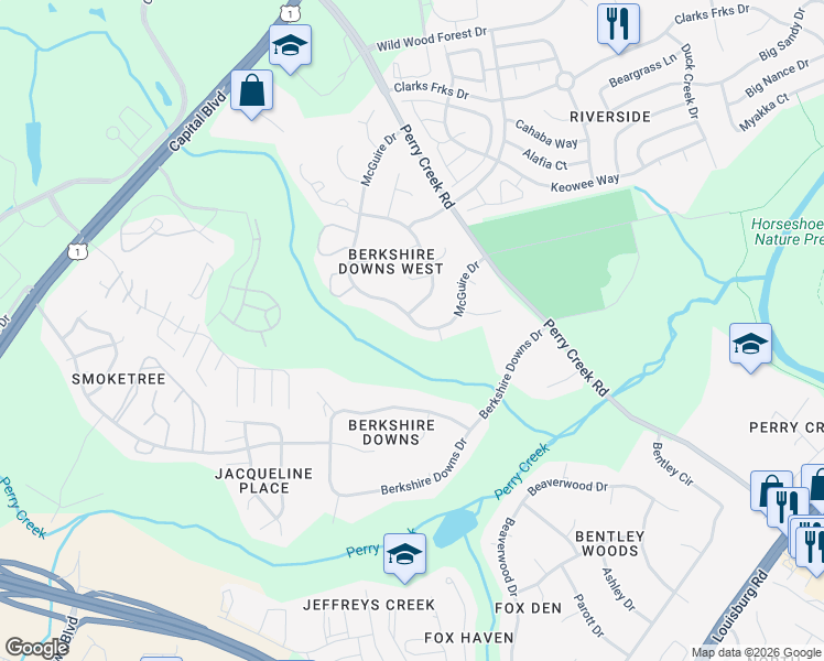 map of restaurants, bars, coffee shops, grocery stores, and more near 8021 McGuire Drive in Raleigh