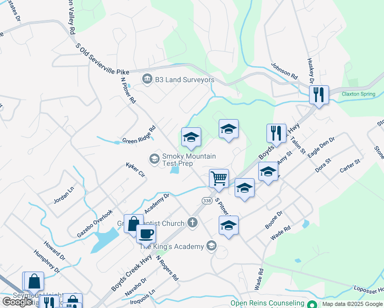map of restaurants, bars, coffee shops, grocery stores, and more near 306 North Pitner Road in Seymour