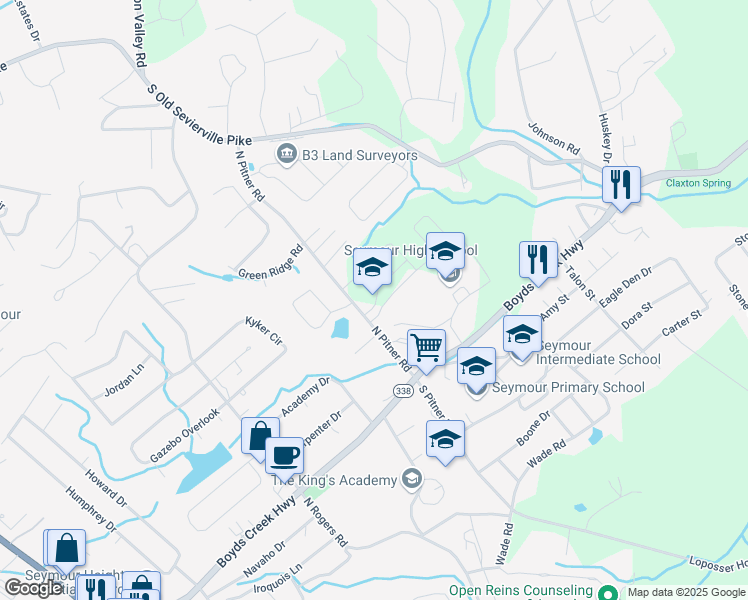 map of restaurants, bars, coffee shops, grocery stores, and more near 306 North Pitner Road in Seymour