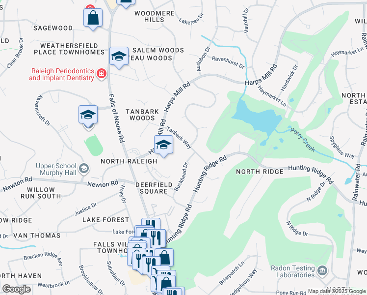 map of restaurants, bars, coffee shops, grocery stores, and more near 7009 Buckhead Drive in Raleigh