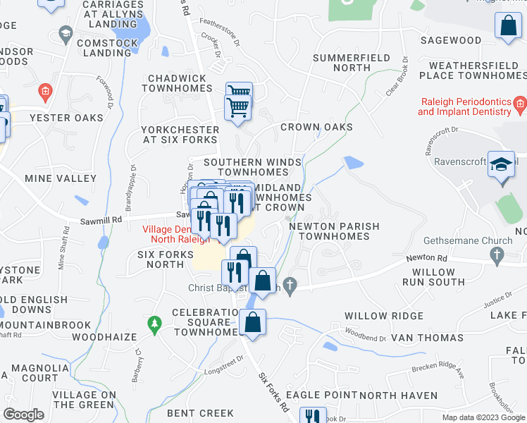 map of restaurants, bars, coffee shops, grocery stores, and more near 7706 Bernadette Lane in Raleigh