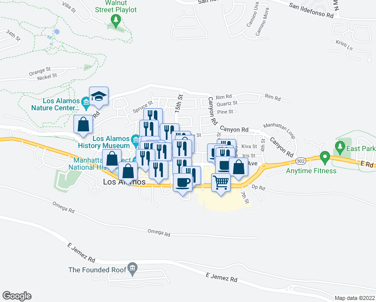 map of restaurants, bars, coffee shops, grocery stores, and more near in Los Alamos