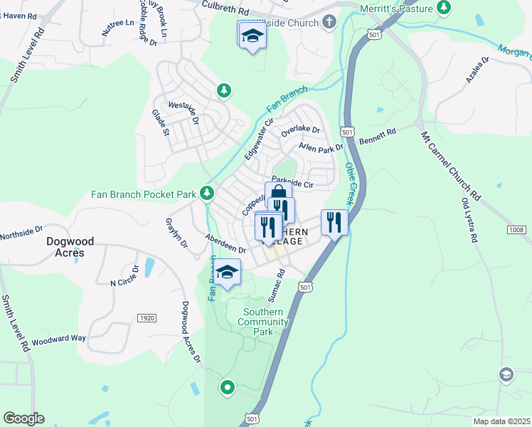 map of restaurants, bars, coffee shops, grocery stores, and more near 500 Market Street in Chapel Hill