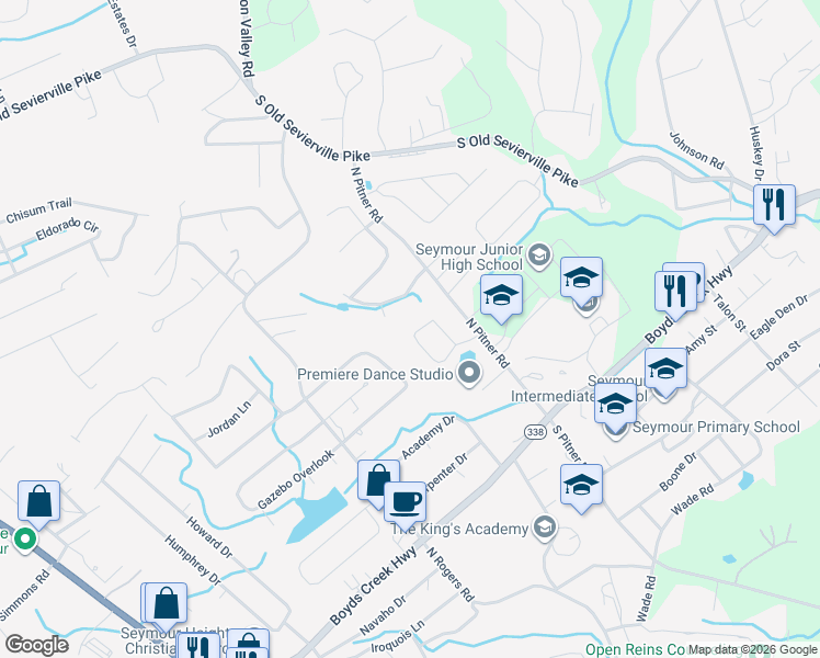 map of restaurants, bars, coffee shops, grocery stores, and more near 541 Smoky Valley Lane in Seymour