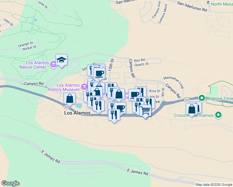 map of restaurants, bars, coffee shops, grocery stores, and more near in Los Alamos