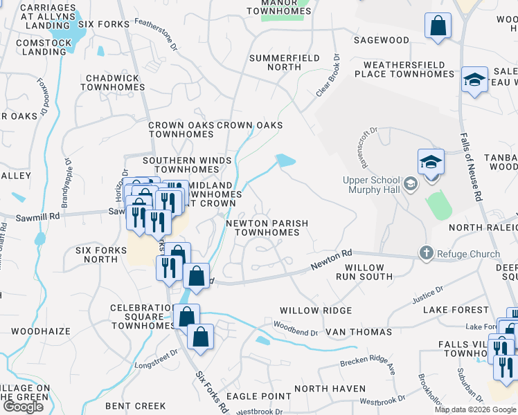 map of restaurants, bars, coffee shops, grocery stores, and more near 7331 Sweet Bay Lane in Raleigh