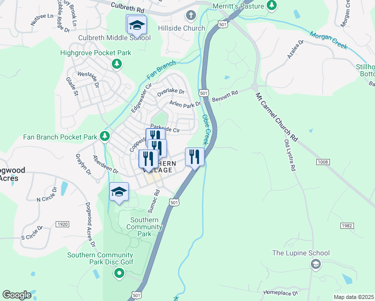 map of restaurants, bars, coffee shops, grocery stores, and more near 104 Melrose Place in Chapel Hill