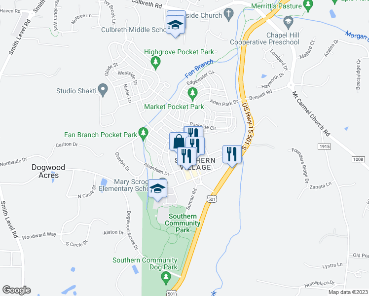 map of restaurants, bars, coffee shops, grocery stores, and more near 610 Market Street in Chapel Hill