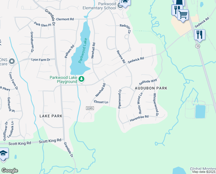 map of restaurants, bars, coffee shops, grocery stores, and more near 5806 Shamrock Road in Durham