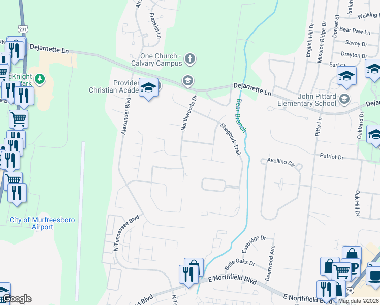 map of restaurants, bars, coffee shops, grocery stores, and more near 1302 Mullberry Court in Murfreesboro