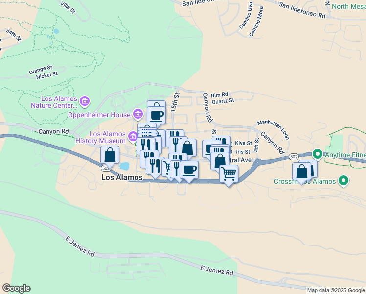 map of restaurants, bars, coffee shops, grocery stores, and more near in Los Alamos