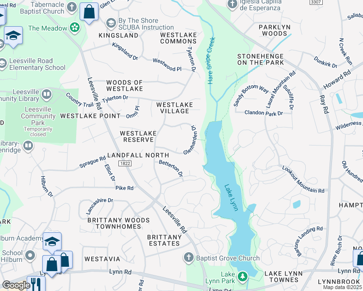 map of restaurants, bars, coffee shops, grocery stores, and more near 7404 Tall Oaks Court in Raleigh