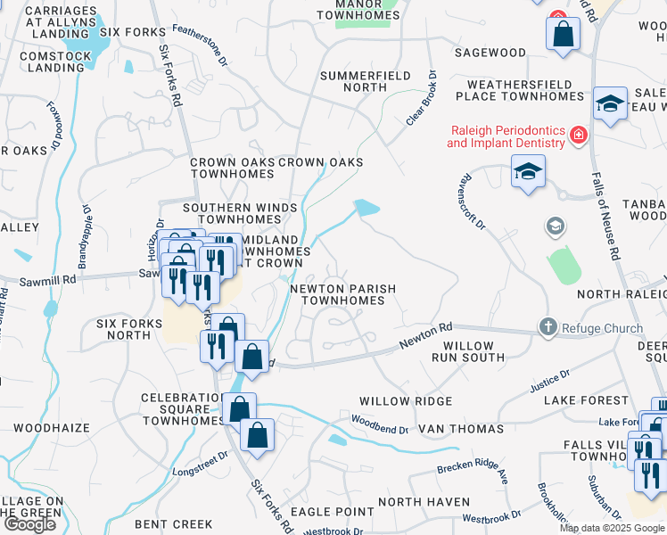 map of restaurants, bars, coffee shops, grocery stores, and more near 7406 Ashbury Court in Raleigh