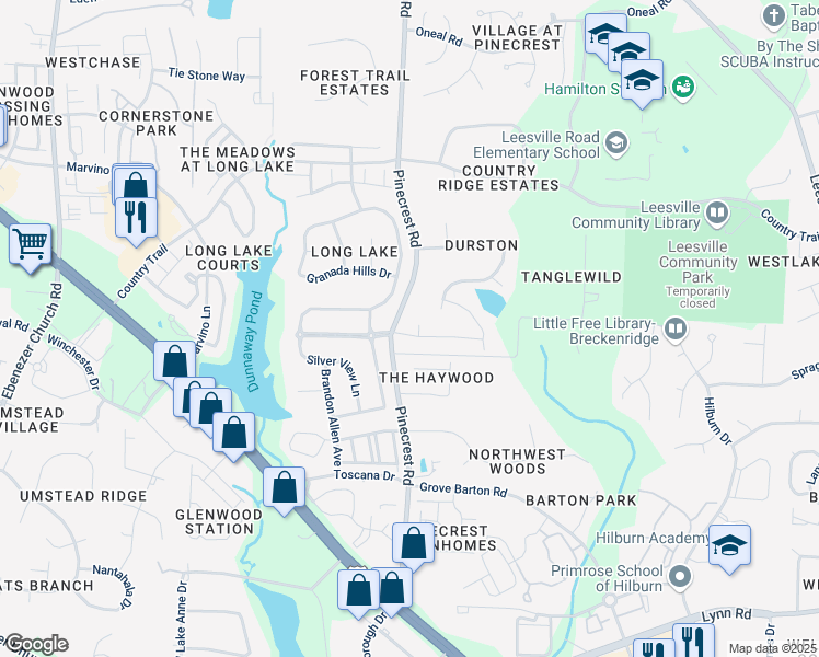 map of restaurants, bars, coffee shops, grocery stores, and more near 7501 Pinaster Place in Raleigh