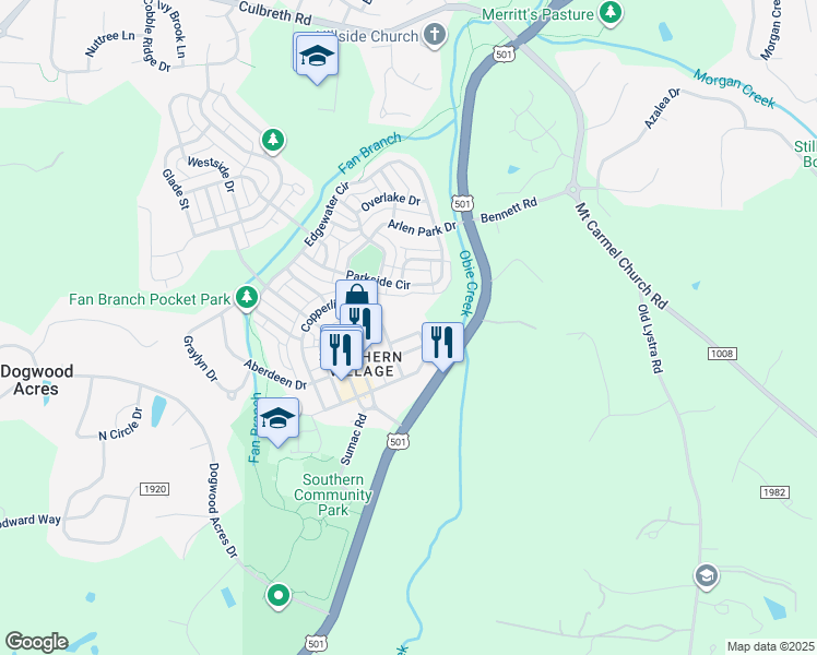 map of restaurants, bars, coffee shops, grocery stores, and more near 100 Copperline Drive in Chapel Hill