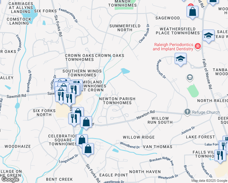 map of restaurants, bars, coffee shops, grocery stores, and more near 7406 Ashbury Court in Raleigh