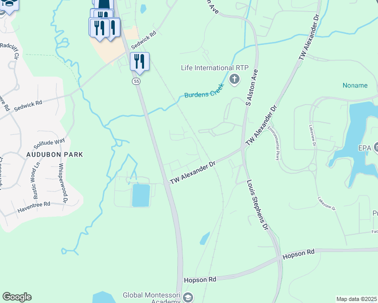 map of restaurants, bars, coffee shops, grocery stores, and more near 302 Villanova Drive in Durham