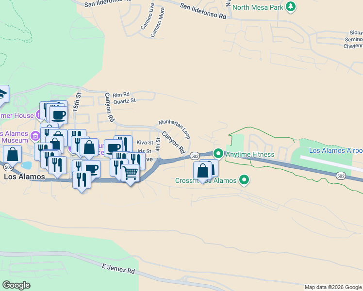 map of restaurants, bars, coffee shops, grocery stores, and more near 100 Manhattan Loop in Los Alamos
