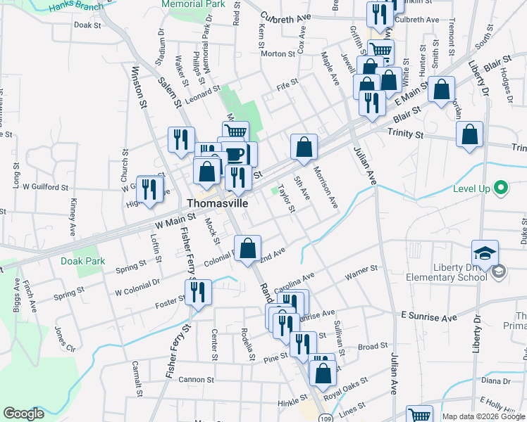 map of restaurants, bars, coffee shops, grocery stores, and more near 205 East Main Street in Thomasville
