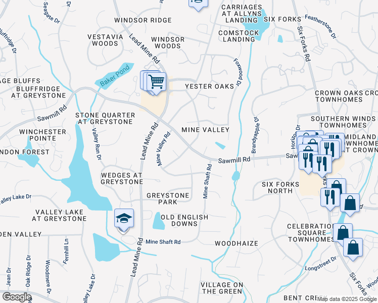 map of restaurants, bars, coffee shops, grocery stores, and more near 617 Sawmill Road in Raleigh