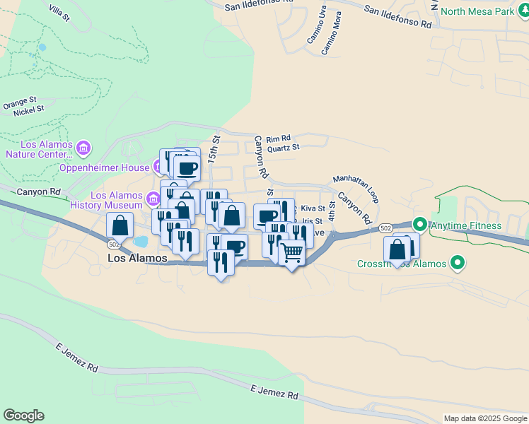 map of restaurants, bars, coffee shops, grocery stores, and more near 1075 Myrtle Street in Los Alamos
