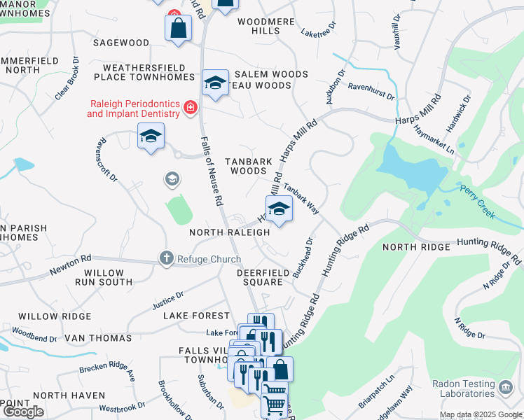 map of restaurants, bars, coffee shops, grocery stores, and more near 7208 Pinebark Court in Raleigh