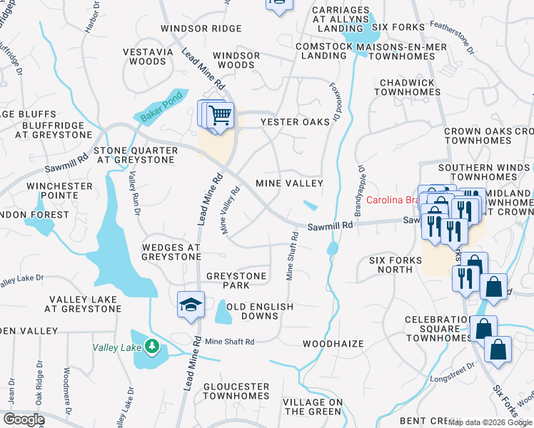map of restaurants, bars, coffee shops, grocery stores, and more near 7704 Prospector Place in Raleigh