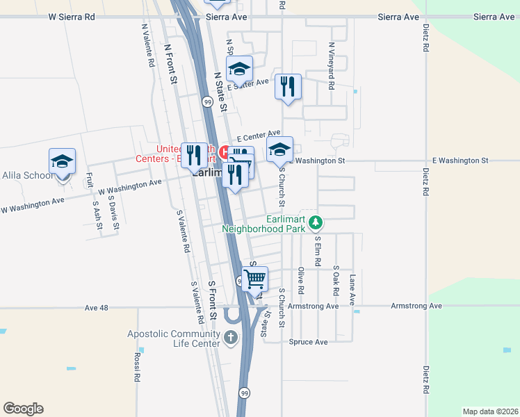 map of restaurants, bars, coffee shops, grocery stores, and more near 287-349 Spring Road in Earlimart
