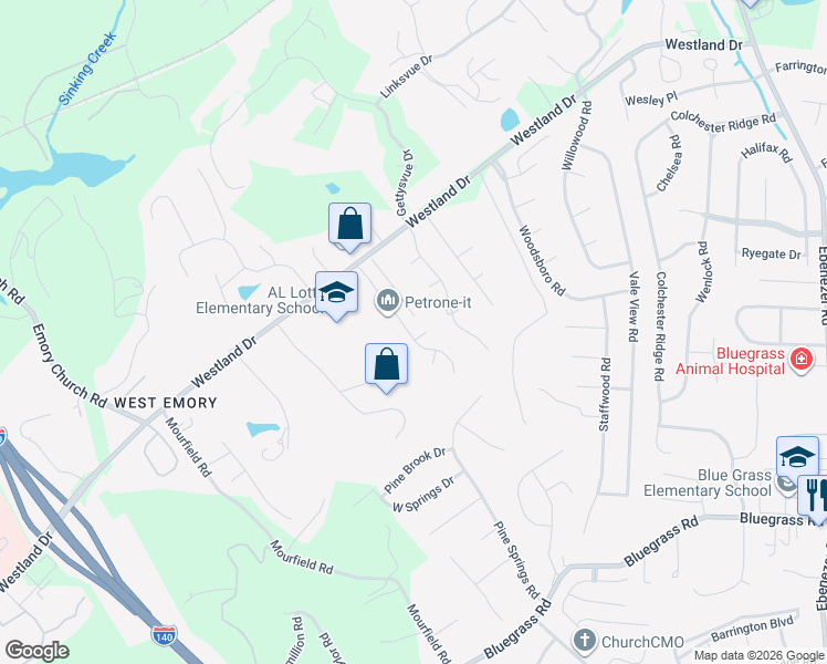 map of restaurants, bars, coffee shops, grocery stores, and more near 1164 Andalusian Way in Knoxville