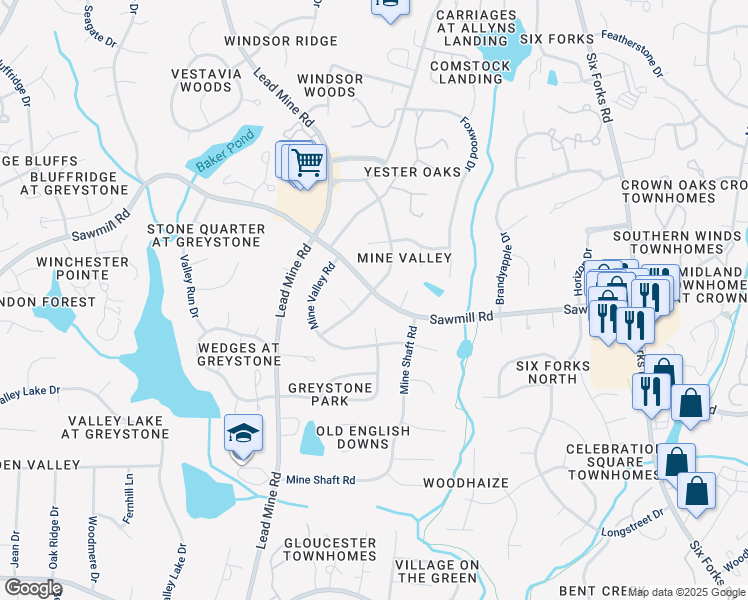 map of restaurants, bars, coffee shops, grocery stores, and more near 617 Sawmill Road in Raleigh