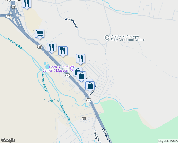 map of restaurants, bars, coffee shops, grocery stores, and more near 101-111 Valle Tapia in Santa Fe