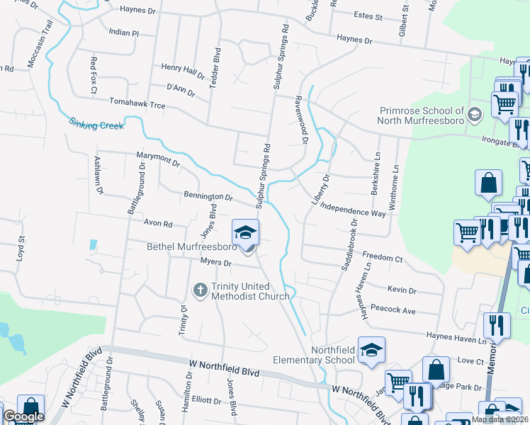 map of restaurants, bars, coffee shops, grocery stores, and more near 1640 Sulphur Springs Rd in Murfreesboro