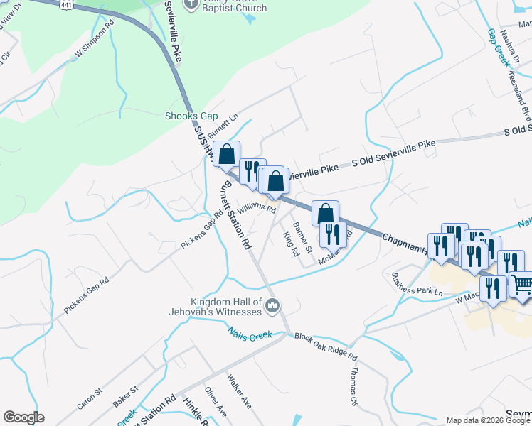 map of restaurants, bars, coffee shops, grocery stores, and more near 10225 Chapman Highway in Seymour