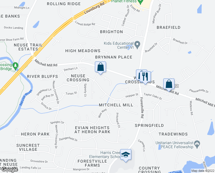 map of restaurants, bars, coffee shops, grocery stores, and more near 3840 Satinleaf Drive in Raleigh