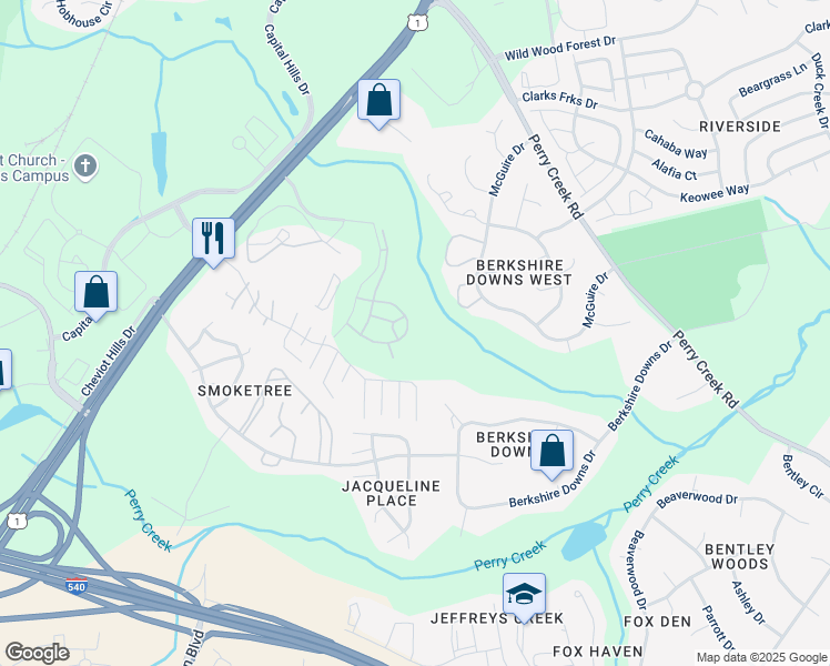 map of restaurants, bars, coffee shops, grocery stores, and more near 4740 Archean Way in Raleigh