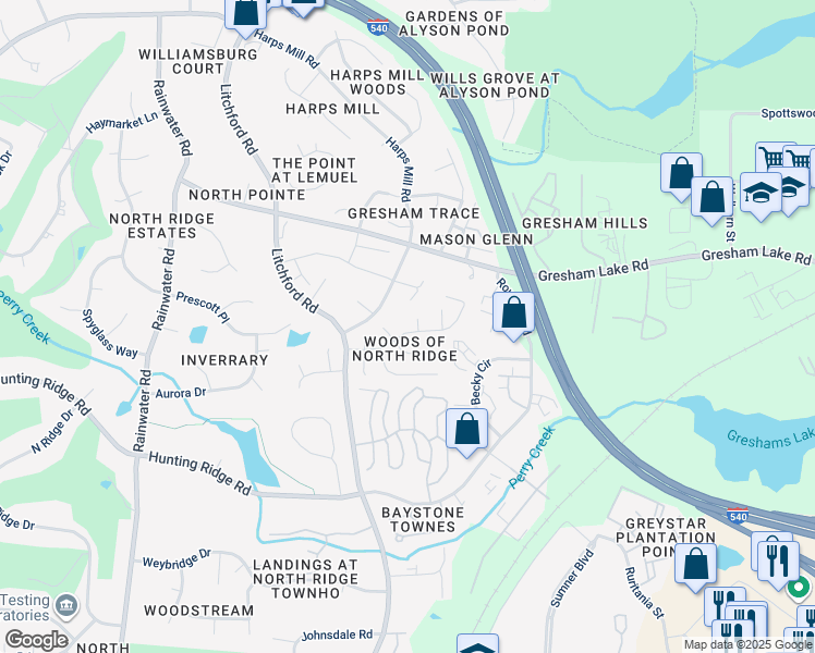 map of restaurants, bars, coffee shops, grocery stores, and more near 7409 Tennessee Court in Raleigh