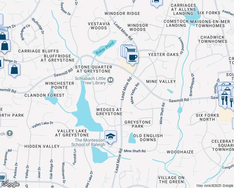 map of restaurants, bars, coffee shops, grocery stores, and more near 7501 Lead Mine Road in Raleigh