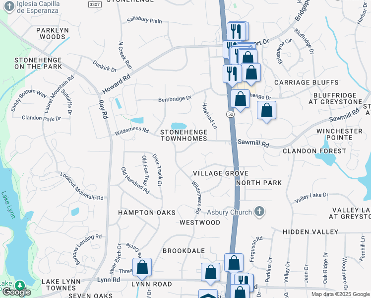 map of restaurants, bars, coffee shops, grocery stores, and more near 7606 Wilderness Road in Raleigh