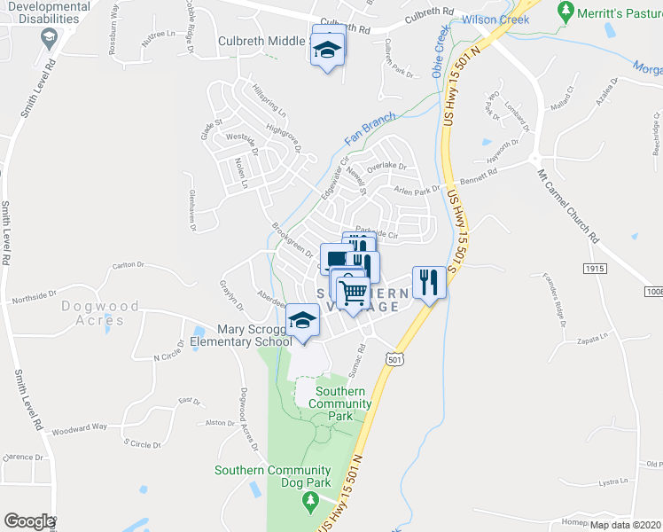 map of restaurants, bars, coffee shops, grocery stores, and more near 401 Copperline Drive in Chapel Hill