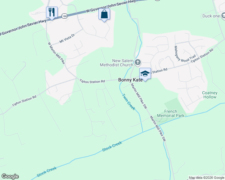 map of restaurants, bars, coffee shops, grocery stores, and more near 2520 Tipton Station Road in Knoxville