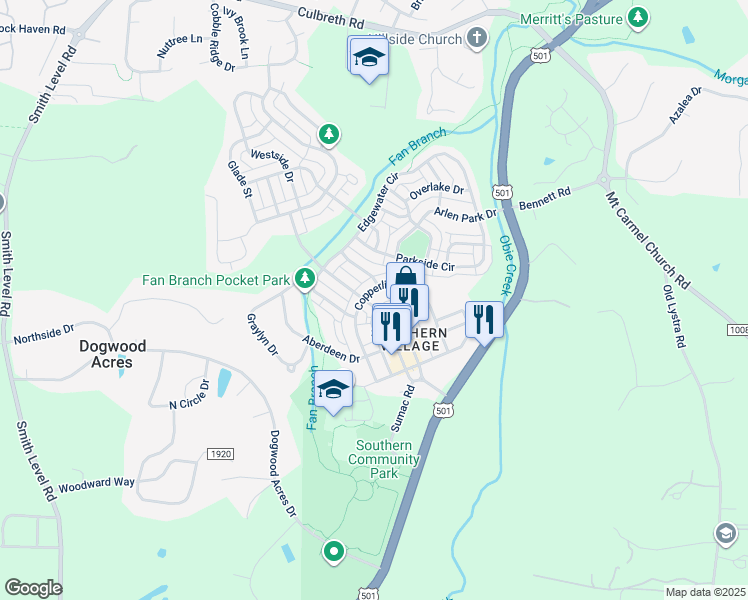 map of restaurants, bars, coffee shops, grocery stores, and more near 401 Copperline Drive in Chapel Hill