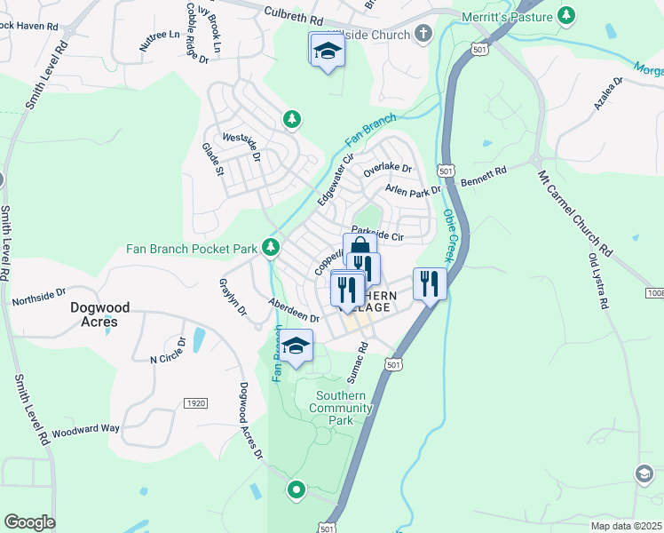 map of restaurants, bars, coffee shops, grocery stores, and more near 204 Brookgreen Drive in Chapel Hill